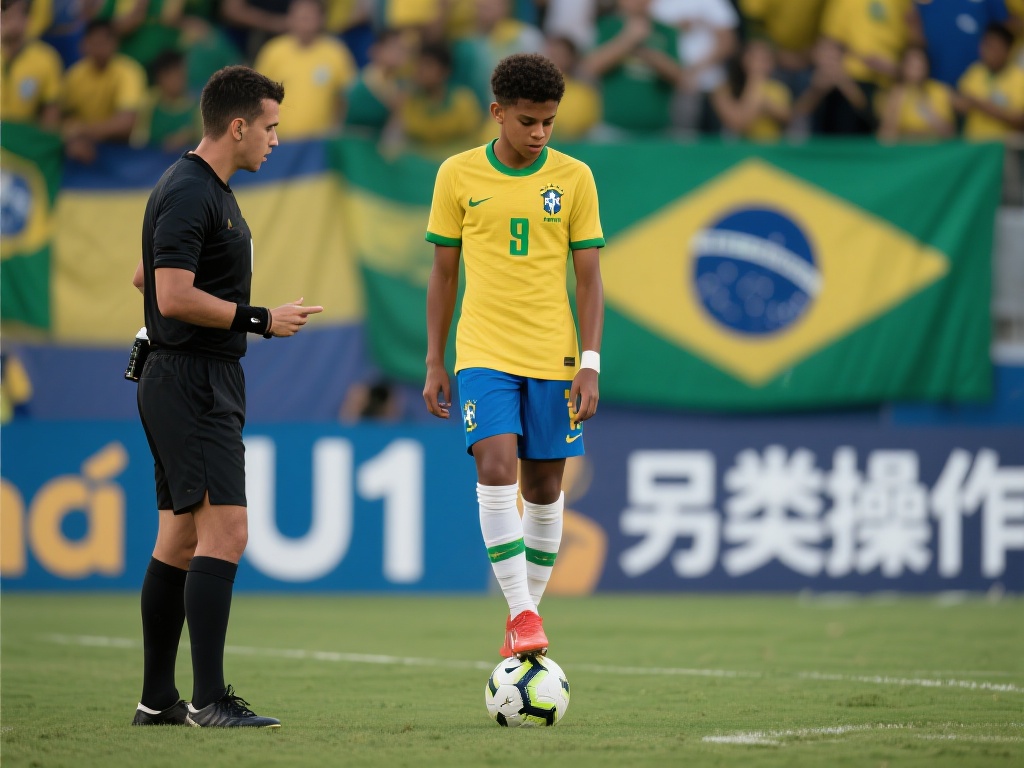 巴西U17球员挑衅站球上，裁判果断吹停警告
